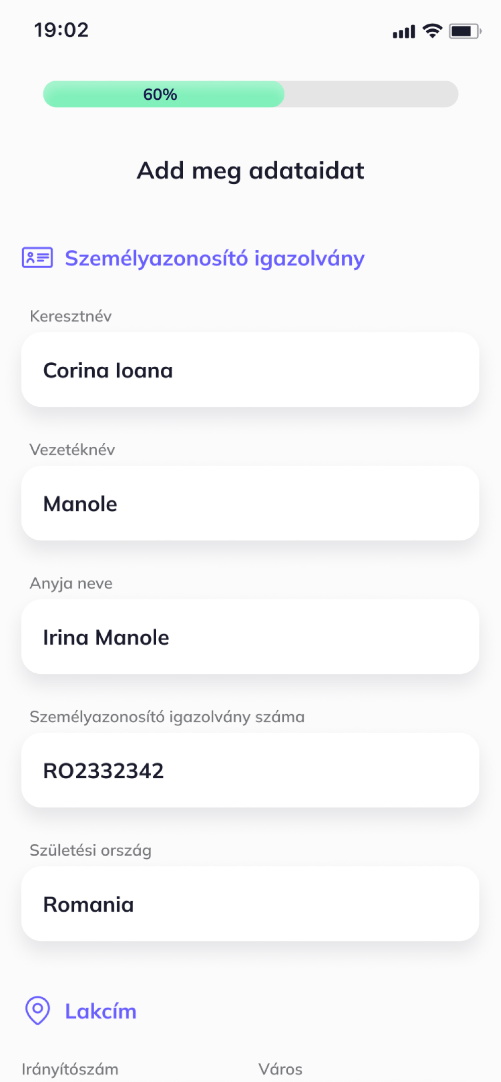 Személyes adatok megadása